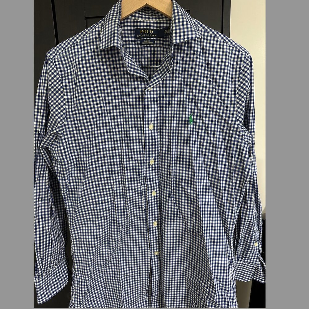 RALPH LAUREN POLO NWOT Mens Shirt Blue Gingham Slim Fit Button Down 15.5 32-33